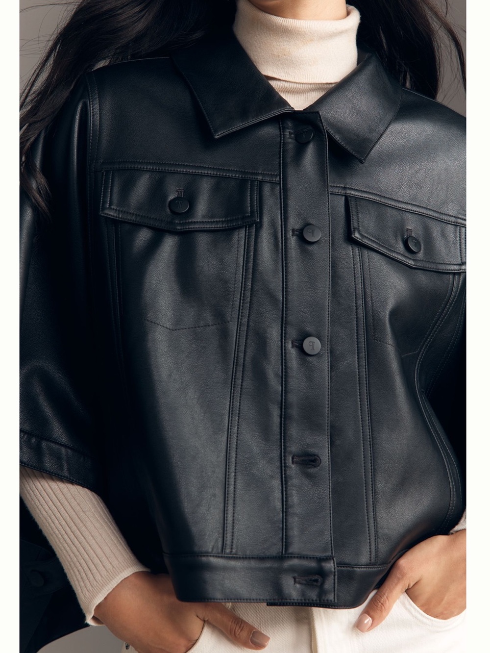 Anthropologie Faux Leather Cape Jacket Pilcro Weston Boyfriend Cape New Black - Picture 2 of 12